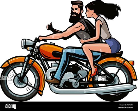 Biker Con Chica Una Motocicleta Retro Ilustraci N Vectorial De Dibujos