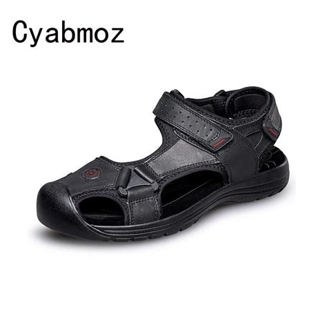 Mens Genuine Leather Sandals Summer Gladiator Waterproof Closed Toe Casual Mens Shoes Thick