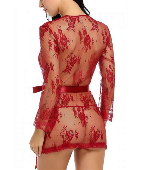 Women S Lace Kimono Sexy Nightgown Transparent Mesh Lingerie Dark Red CV184QULOTK