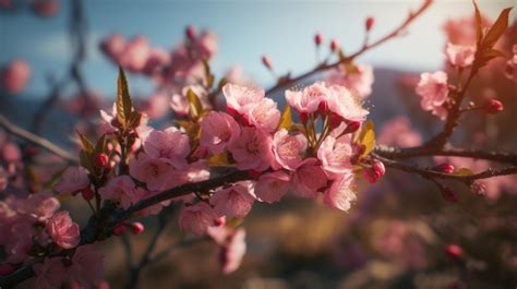 Premium AI Image | A branch of pink flowers with the sun shining on it