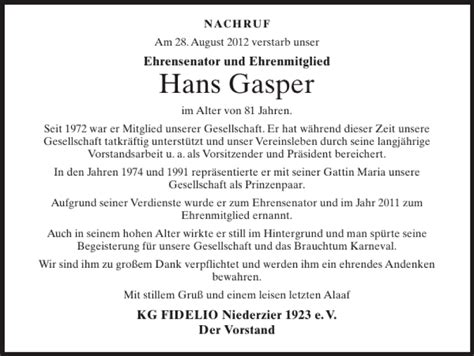 Traueranzeigen Von Hans Gasper Aachen Gedenkt