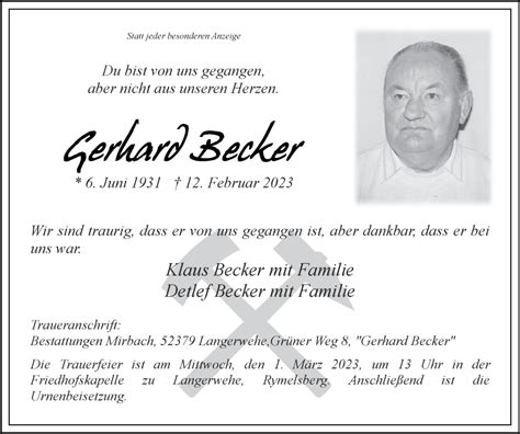 Traueranzeigen Von Gerhard Becker Aachen Gedenkt