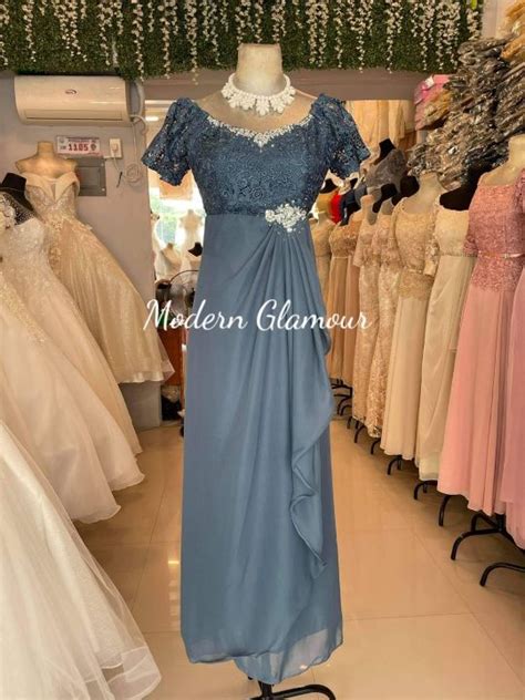 DUSTY BLUE ELEGANT SIDE SWAG BROOCH DESIGN FORMAL GOWN For Weddings