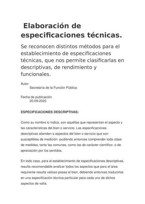 Elaboración de especificaciones técnicas Se reconocen distintos