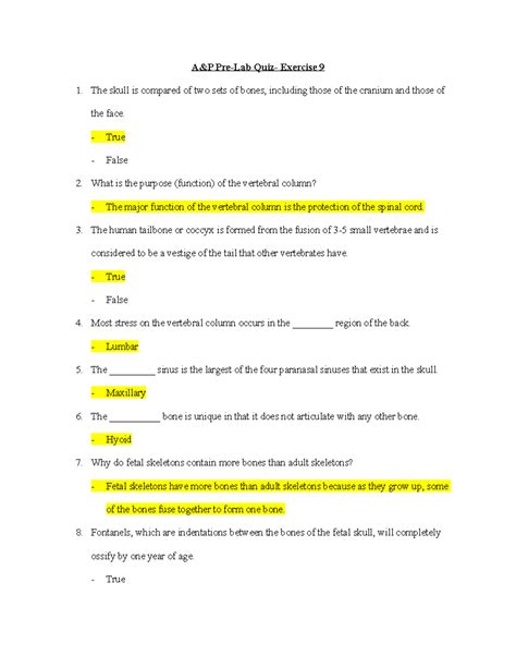 A P Pre Lab Quiz Exercise 9 Answer Key A P Pre Lab Quiz Exercise 9