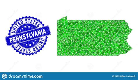 Rosette Grunge Stamp And Green Vector Lowpoly Pennsylvania State Map