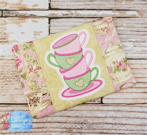 Tea Cups Sketch COMPLETELY In The Hoop Mug Rug Design 5x7 Etsy