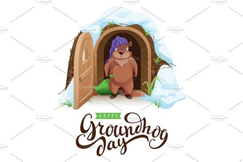 Groundhog Day set vector cartoon | Groundhog day, Graphic illustration ...