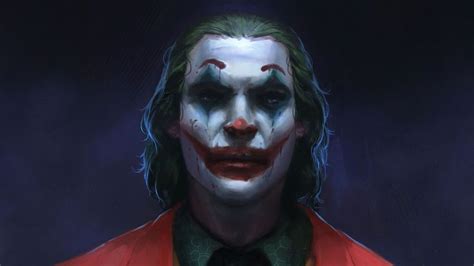 A Painting Of The Joker With His Face Painted Red And White Wearing A