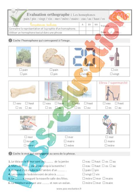 Evaluation Quiz Qcm Homonymes Homophones Cycle Pdf Imprimer