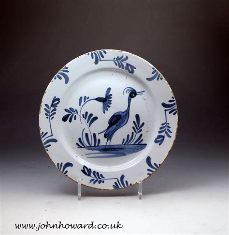 English Pottery Delftware Plate With Image Of A Standing Heron Antique