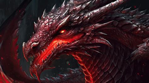 Premium Photo | A Majestic Red Dragon Mythology Creature Closeup in Dark Fantasy Illustration Art