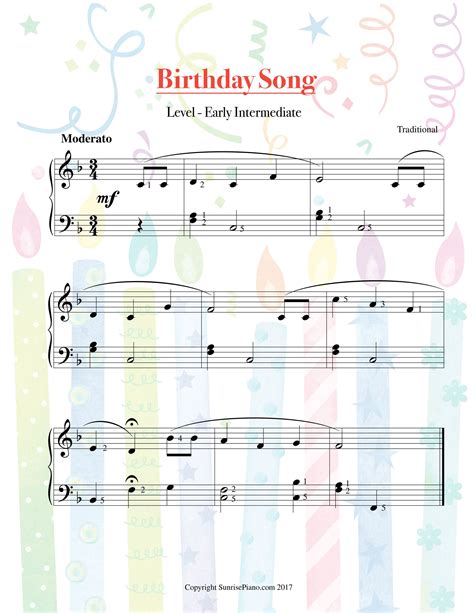 Happy Birthday Song Early Intermediate Piano Sheet Music Worksheets