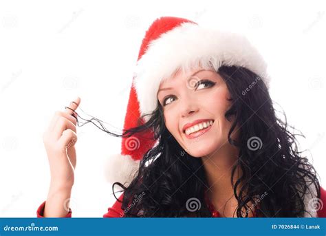 Coquettish Brunette Woman Dressed As Santa Stock Photo Image Of Dreamy Festive