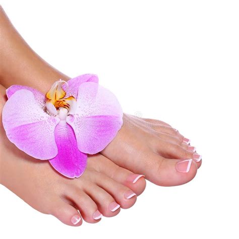 Foot Care Beautiful Female Feet And Hands With French Manicure On