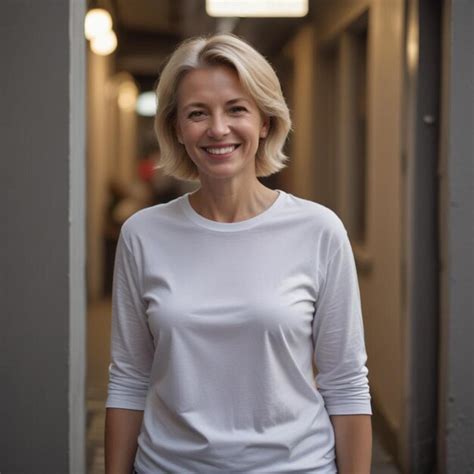 A Woman With Blonde Hair Stands In A Hallway With A Sign That Says No Premium AI Generated Image
