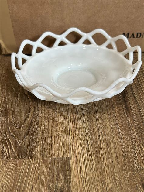 Vintage Imperial Milk Glass Open Lace Edge Footed Dish Etsy