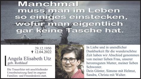 Traueranzeigen Von Angela Elisabeth Utz Allg Uer Zeitung