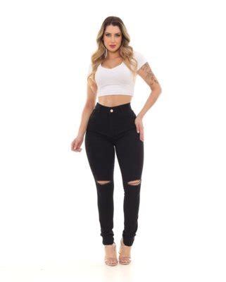 Calça Jeans Hot Pants Feminina Cintura Alta Lambada Preto Rasgado Lambada Compre Agora