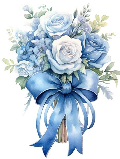 Vintage Beautiful Victorian Shabby Chic Blue Roses Bouquet With Ribbon