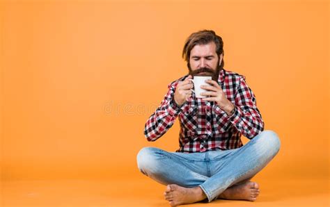 Hold Cup Of Coffee Or Tea Lifestyle Concept Handsome Hipster Man With