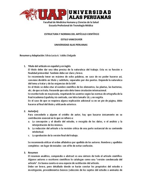 Tm Formato Del Artículo Científico Según Vancouver Pdf Sumario