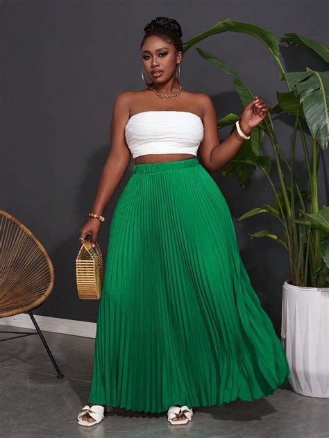 Elegant Basic Weave And Pleated Green Plain Plus Size Womens Midi Skirt