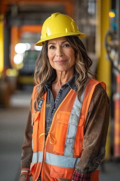 A Female Construction Worker Wearing A Hard Hat And Safety Vest Smiles