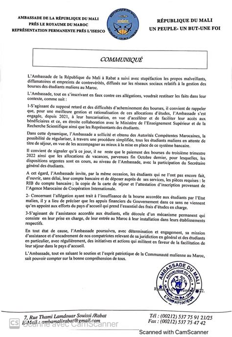 Education Communiqué de l Ambassade du Mali à Rabat relatif aux