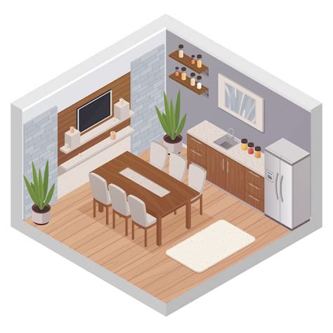 Concepto de diseño isométrico interior de cocina con muebles modernos