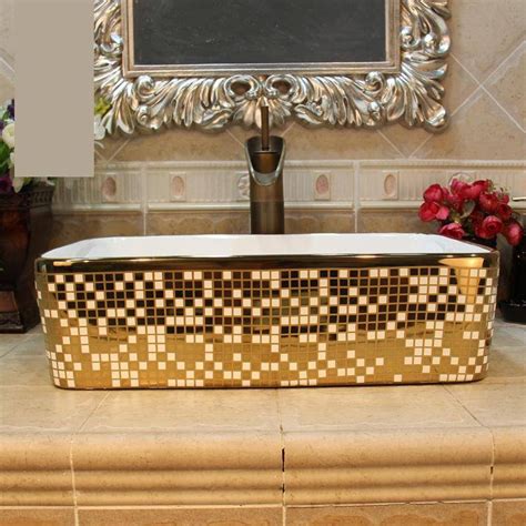 Luxury Ceramic Washbasin Gold And White Mosaic Bathroom Sink Wash Basin