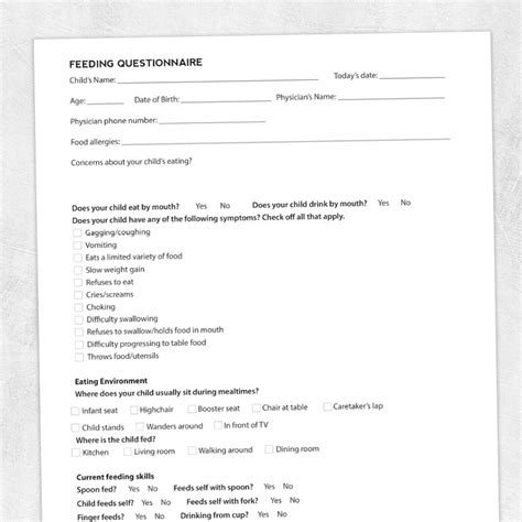 Pediatric Feeding Questionnaire Adult And Pediatric Printable