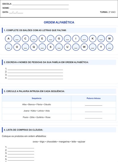 Atividades De Ordem Alfabetica Para 2 Ano - Atividade de Ordem Alfabética 2º Ano para Imprimir | Atividades Escolares