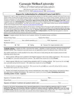 Fillable Online Cmu Request For Authorization For A Reduced Course Load