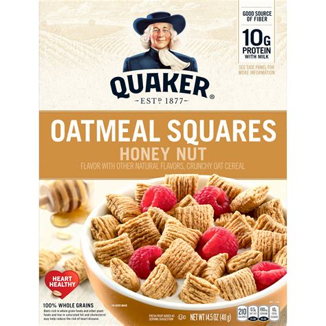 Quaker Oatmeal Squares Honey Nut Flavor Crunchy Oat Cereal SmartLabel