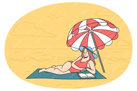 Premium Vector Happy Woman In Swimsuit Lying On Beach