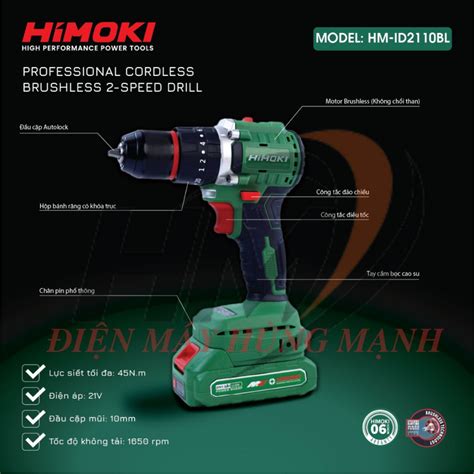 Máy khoan pin HIMOKI 21V HM ID2110BL động cơ KHÔNG CHỔI THAN Khoan