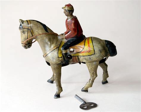 Antique Tin Litho Wind Up Jockey On Horse Toy Germany Antiques