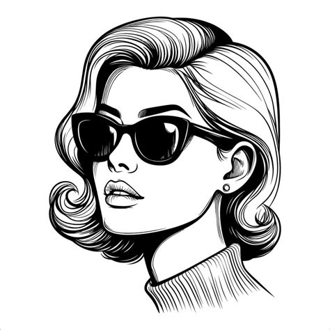 Vintage Retro Woman Wearing Sunglasses Line Art Comic Black And White 04 42975284 Vector Art At