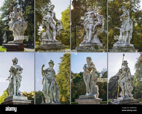 Statues of Greek goddesses and gods, Nymphenburg Palace, Munich, Upper ...