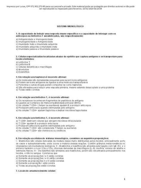 Questões Sobre Sistema Imunológico - Questões sobre Sistema Imunológico | PDF | Sistema imunológico | Célula T
