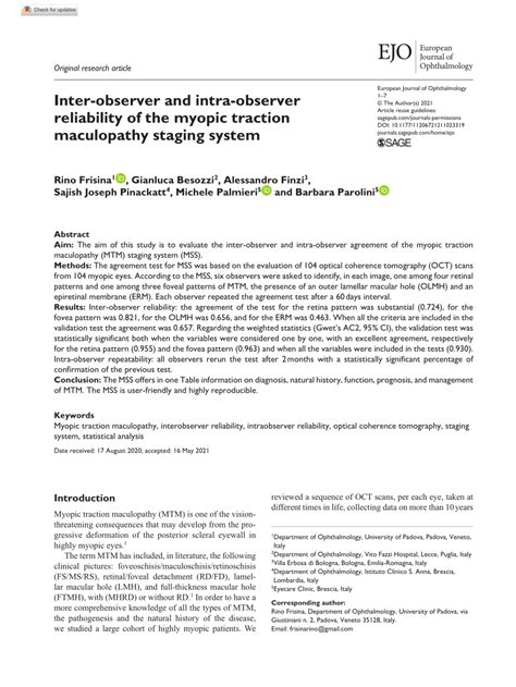 Pdf Inter Observer And Intra Observer Reliability Of The Myopic