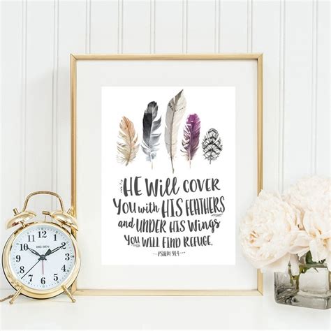 Bible Verse Psalm 914 Quotes Poster Art Print Birds Feathers Scripture