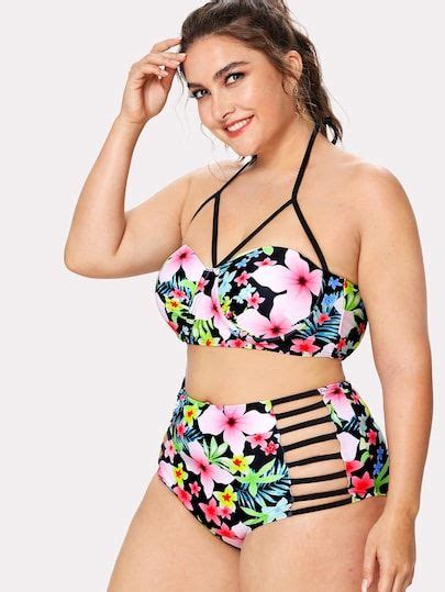 Plus Floral Print Top With Ladder Cutout Bikini Set In Plus Size