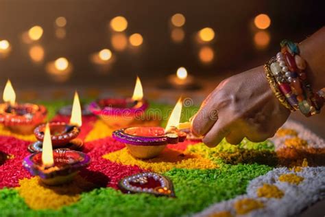 Traditional Diya Lamps Lit During Diwali Celebration Stock Photo