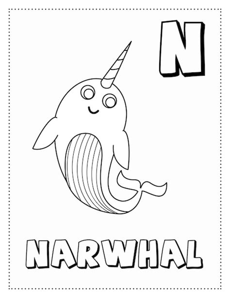 Letra N é para colorir Narwhal Livro de colorir animais de letras para