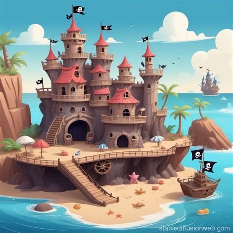 Chibi Disney Style Beach Scene With Floating Pirate Castle Stable