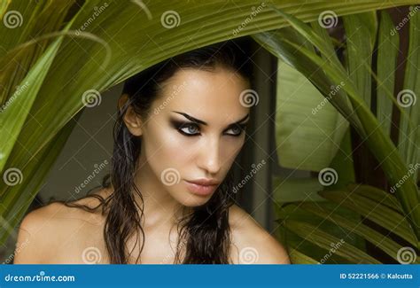 Beautiful Woman Hiding Behind The Palm Leaves Stock Photo Image Of