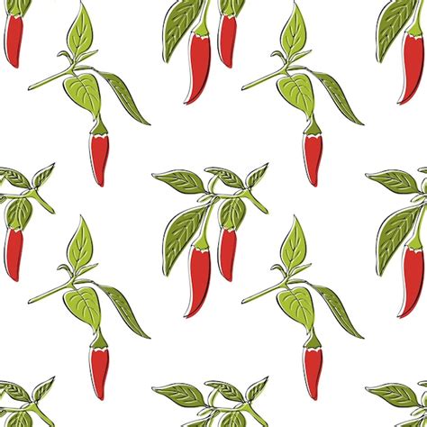 Premium Vector Red Hot Chilli Peppers Branch Hand Drawn Pattern On White Background Red And