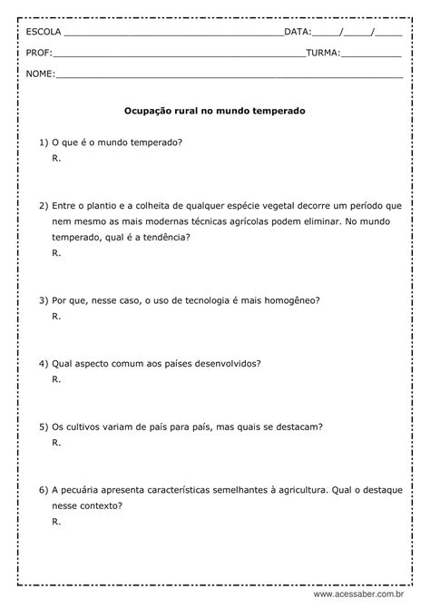 Atividade De Geografia Ocupa O Rural No Mundo Temperado Ano